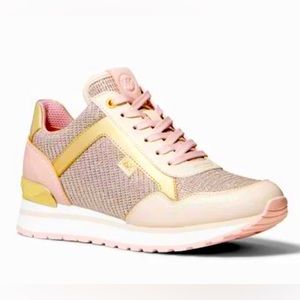MICHEAL KORS MADDY LEATHER AND GLITTER CHAIN MESH TRAINING SHOES